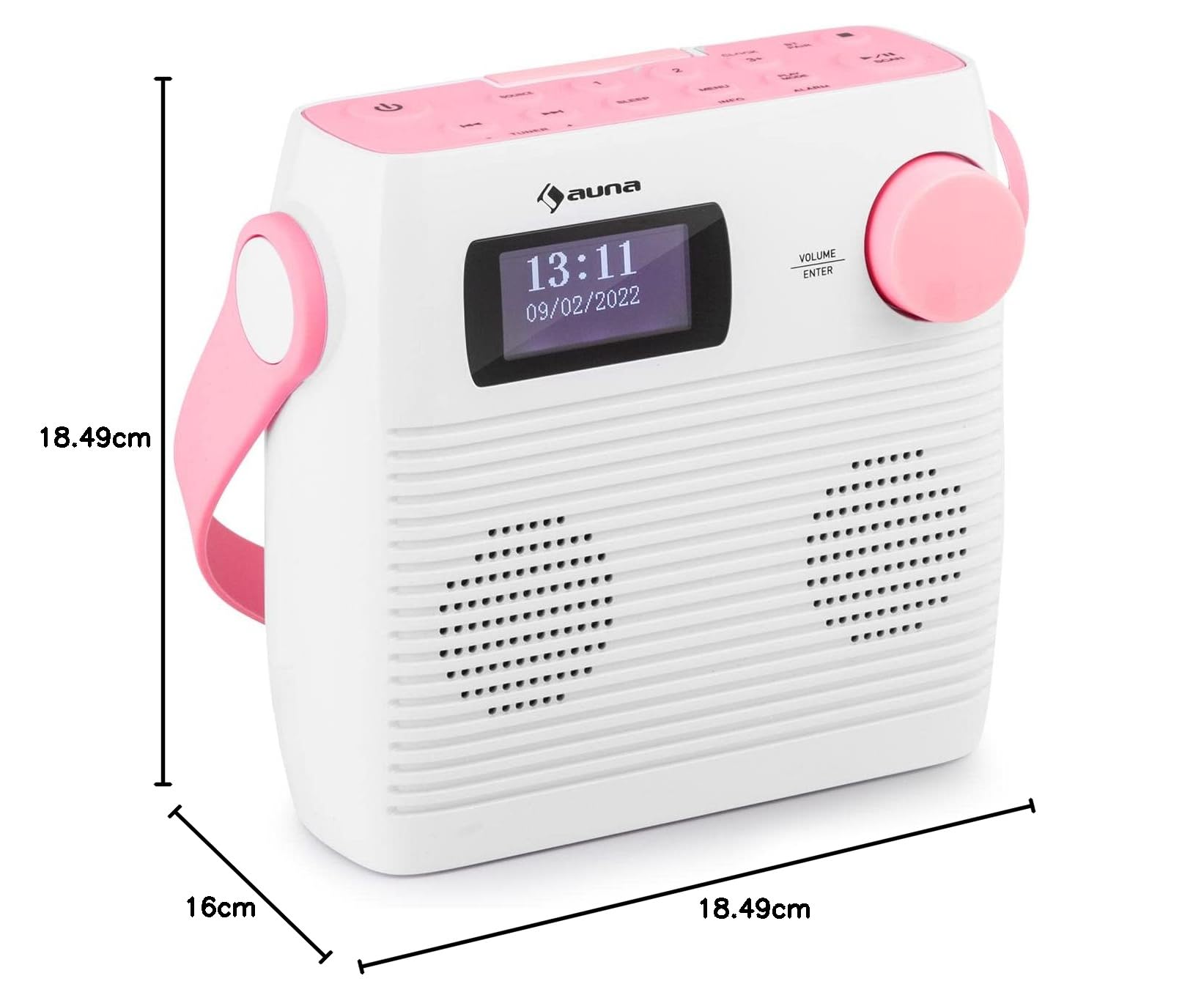Auna Splash Duschradio, DAB Radio, BT DAB+/UKW IPX4, DAB+ Radio mit USB-Port Kopfhöreranschluss USB-C Akku, Digitalradio, weiß-rosa