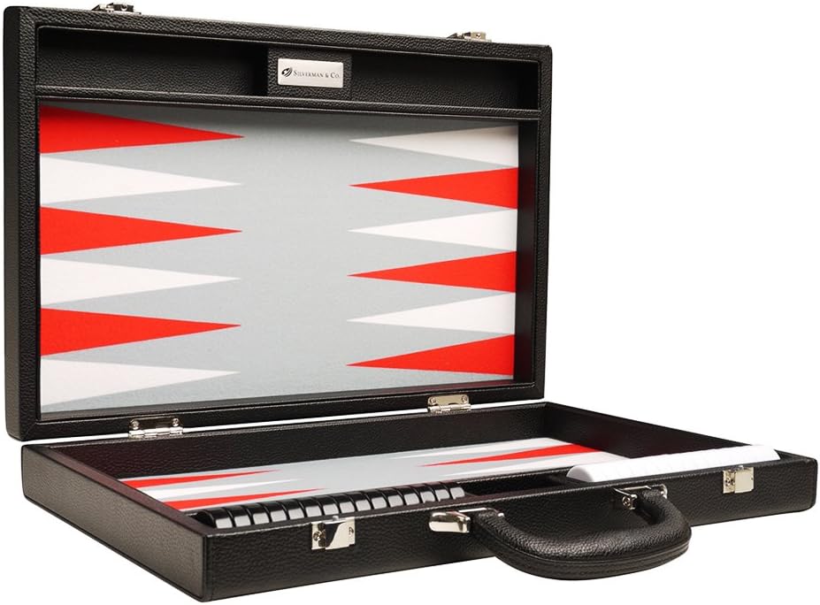 16-inch Premium Backgammon Set - Medium Size - Black Board, White and Scarlet Red Points