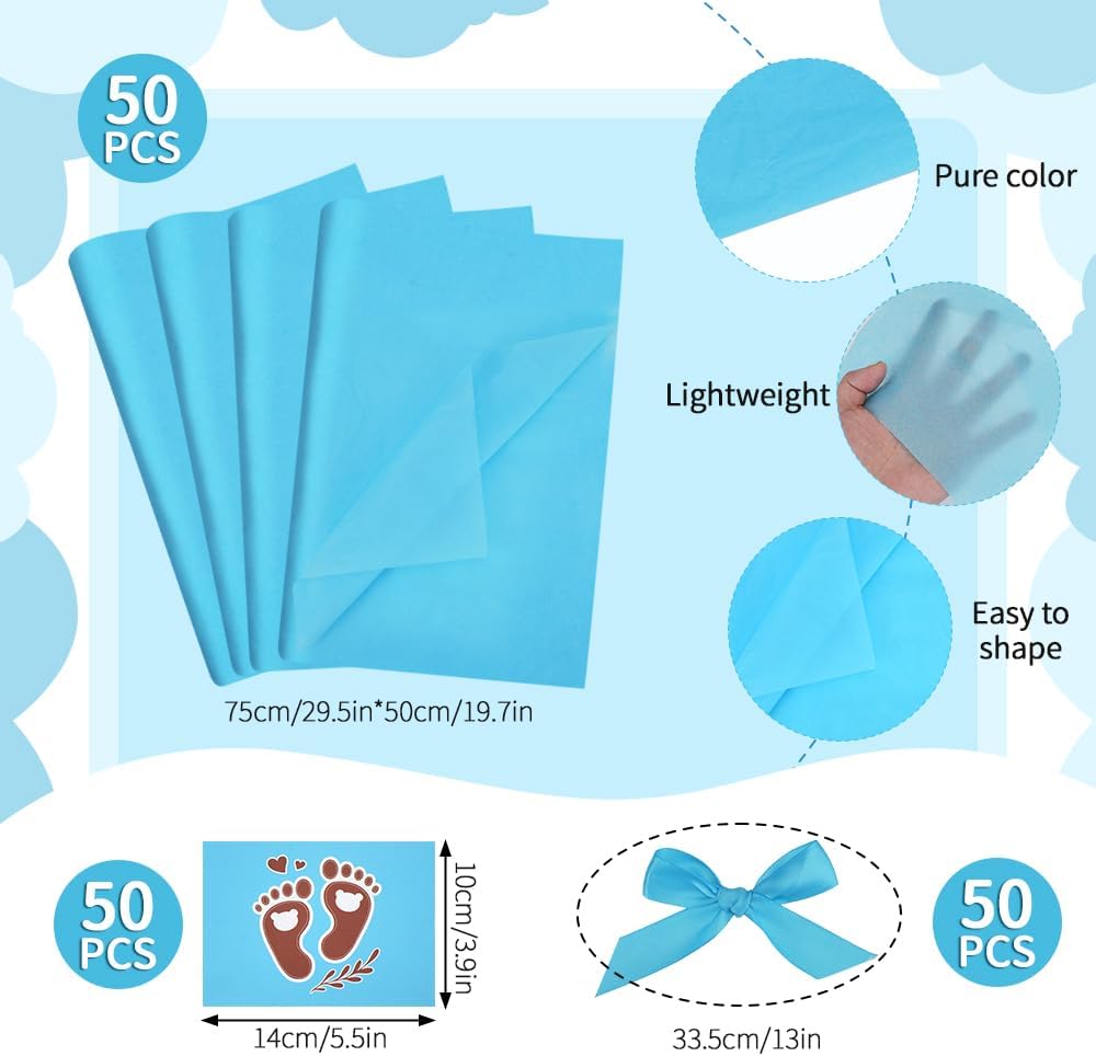 50 Pack Baby Shower Gifts Bags, Bulk Reusable Favor Bags with Handles, Tissue Paper, Gift Card, Ribbons, Bear Print & Oh Baby Lettering Design, Blue Goodie Bags for Party Guests Gender Reveal