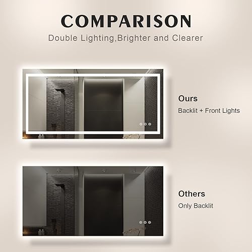 Miniatura 4 de Espejo de baño LED para pared de 48 x 24 pulgadas con luces delanteras y retroiluminadas, espejo de tocador LED doble con luces, antivaho, a prueba