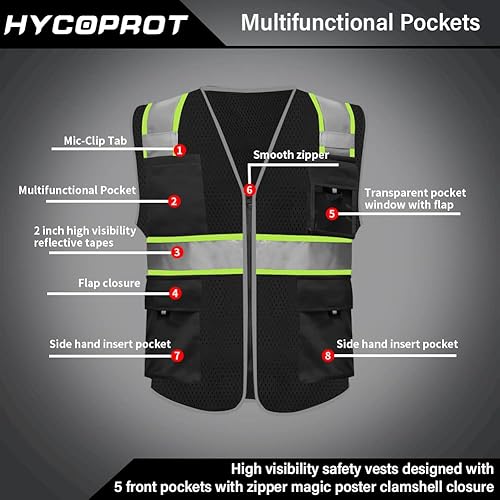 Miniatura 2 de HYCOPROT Chalecos de seguridad reflectantes de malla de alta visibilidad con bolsillos y cremallera, cumple con las normas ANSIISEA