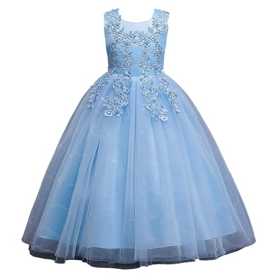 Hopscotch Girls Polyester and Cotton Sleeveless Applique Solid Gown in Blue Color