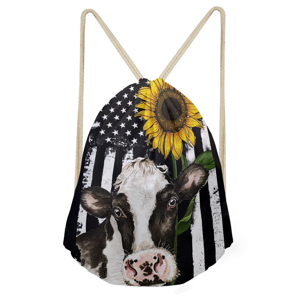 Coloranimal American Flag Cow Sunflower Drawstring Backpack String Bag Mini Gym Sports Daypack