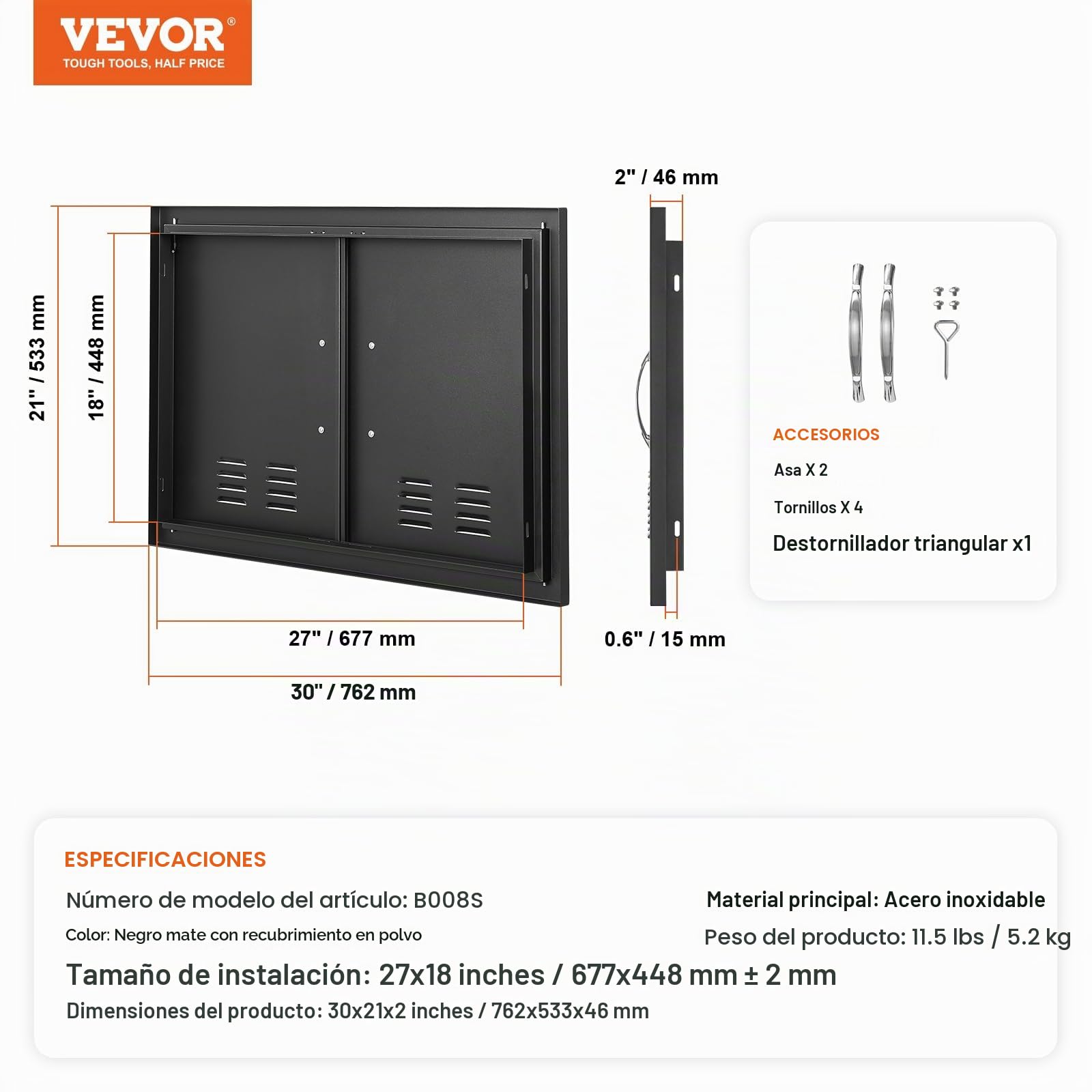 VEVOR Puerta de acceso para barbacoa, doble puerta de cocina de 30 pulgadas x 21 pulgadas, vertical con asas y ventilación, para isla de barbacoa, estación