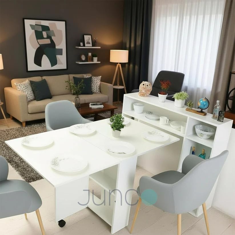 Image of junco Engineered Wood 6 Seater Folding Dining Table Without Chairs |2 Tier Storage with Dockin Unit for More Space for Storage