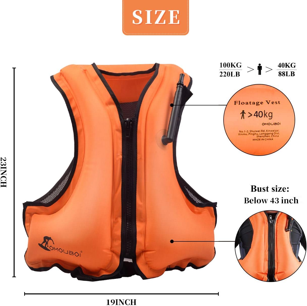 OMOUBOI Snorkel Vests Adults Inflatable Floatage Jackets Lightweight Kayak Buoyancy Vest Portable Floatage Vests for Diving Surfing Swimming Outdoor Water Sports (Suitable for 90-220lbs) : Sports & Outdoors