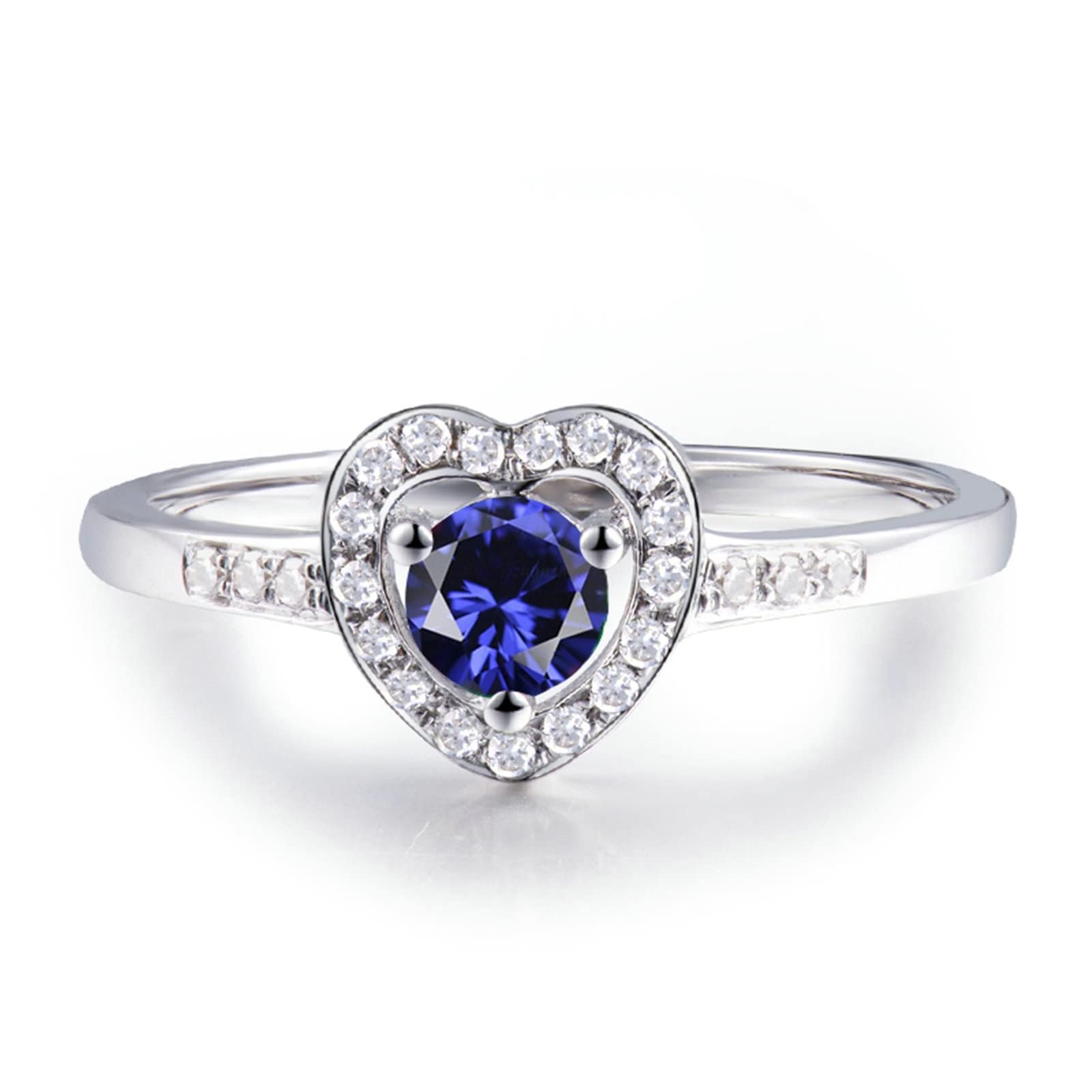 Verlobungsringe mit Gravur, Promise Ring Blau 18 Karat Weißgold Herz Lab Saphir 0.55CT Rundschliff VVS mit Diamant 0.09CT Weiß Gravur für Jahrestag