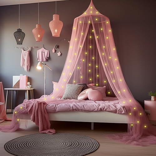 UB-STORE Pink Canopy for Girls Bed with Pre-Glued Glow in The Dark Stars - Princess Mosquito Net Room Decor - Kids & Baby Bedroom Tent with Galaxy Lights - 1 Opening Canopy Bed & Hanging Kit Included