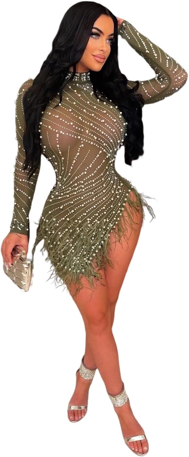ENOPINK Women Sexy Rhinestone Feather Dress Mesh Sheer Bodycon Long Sleeve Mini Dresses Birthday Outfits Clubwear - Image 5