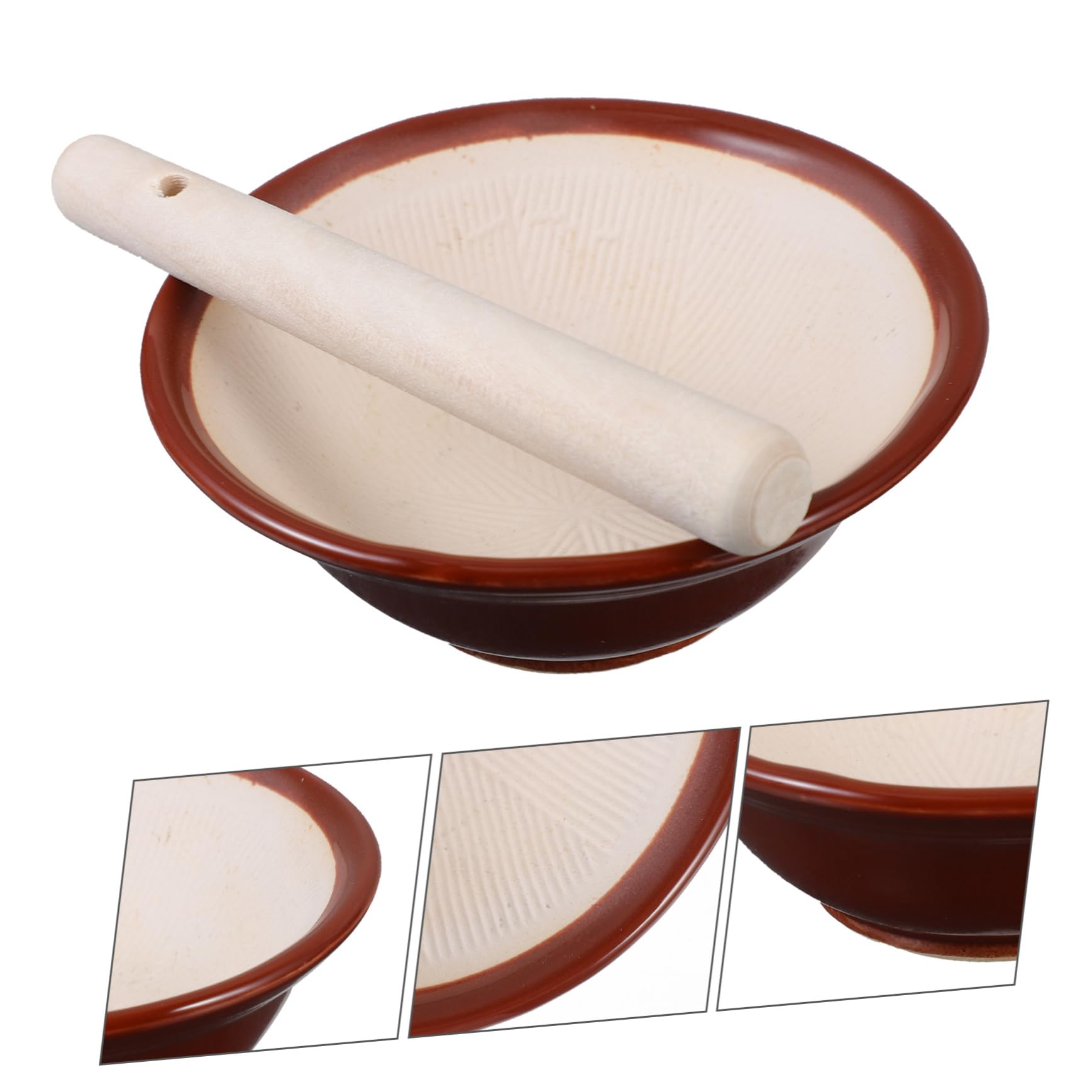Bol à Broyer en Céramique Marron Bâton en Bois Cuisine