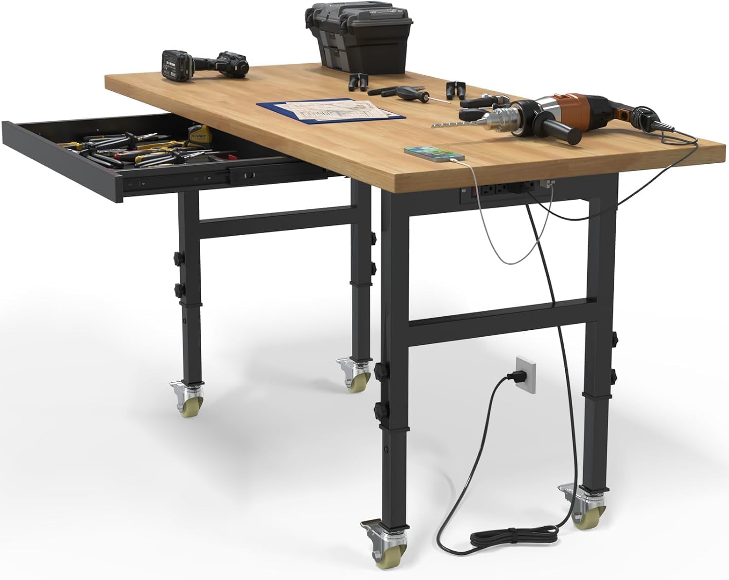 Go Beyond 60" Adjustable Workbench, Rubber Wood Work Bench Table with