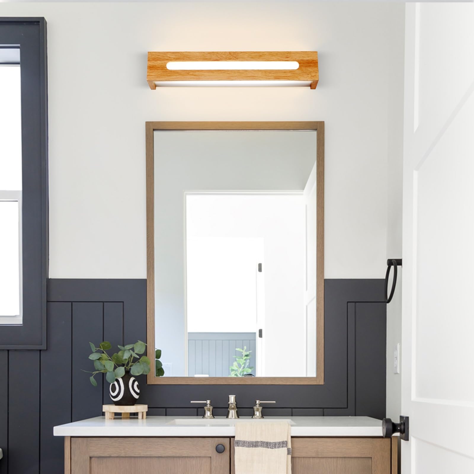 Lámpara de tocador rectangular de madera for baño, apliques LED estilo tronco sobre espejo, apliques rústicos de pared con pantalla acrílica for tocador, lámpara de espejo de pared.(Small)