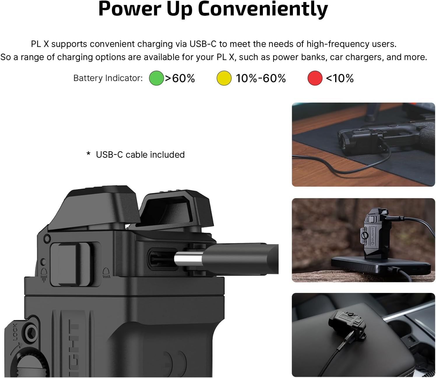 Image showing the USB-C charging port on the OLIGHT PL X and examples of charging from various sources, along with battery indicator colors.