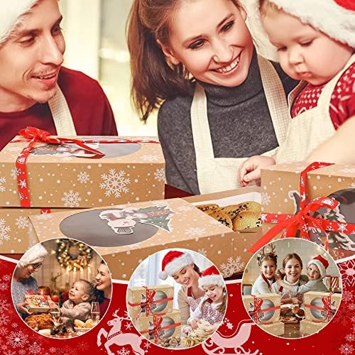 JUNMEIDO 12PCS Christmas Cookie Boxes with Window Kraft Paper Xmas Boxes Decorative Christmas Gift Boxes Xmas Biscuit Boxes Christmas Bakery Box with Ribbon for Christmas Party Treat Boxes Packaging