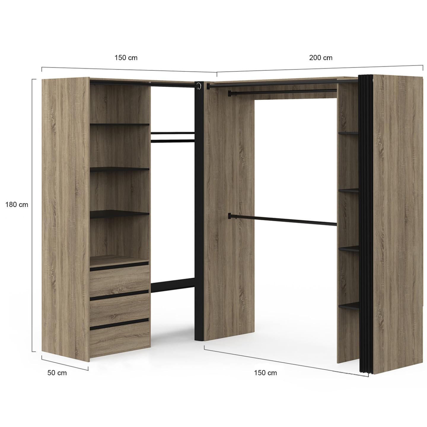 IDMarket - Dressing extensible d'angle MARLON 200 x 150 x 180 cm hêtre avec penderies + tiroirs + étagères + rideaux noirs