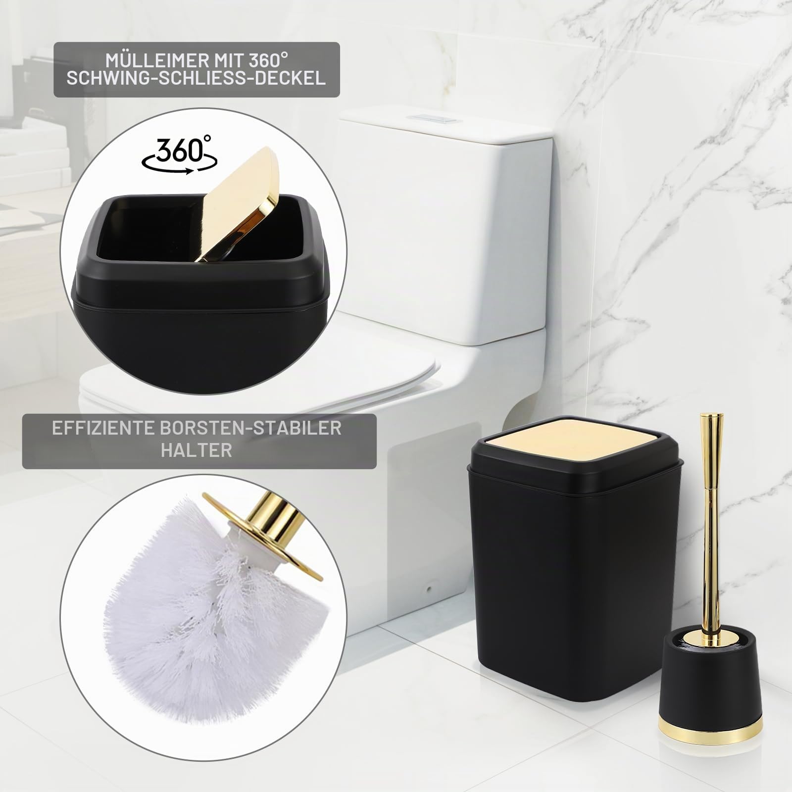 XLHOMO Schwarz und Gold Badezimmer Zubehör Set - 10 Stück Badezimmer Sets mit Mülleimer, Seifenspender, Seifenschale, Zahnbürstenhalter und Becher, Toilettenbürste, Qtip Halter, Badezimmer Zubehör Set