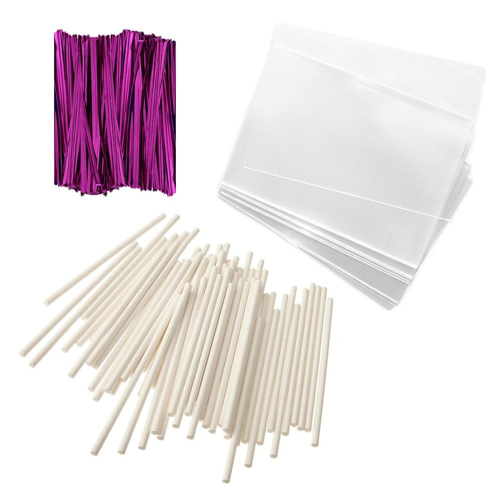 100 Cake Pop Treat Bag Sets Metallic Twist Ties, Lollipop Sticks, Clear Cello Favor Bags, 4" W, Pink