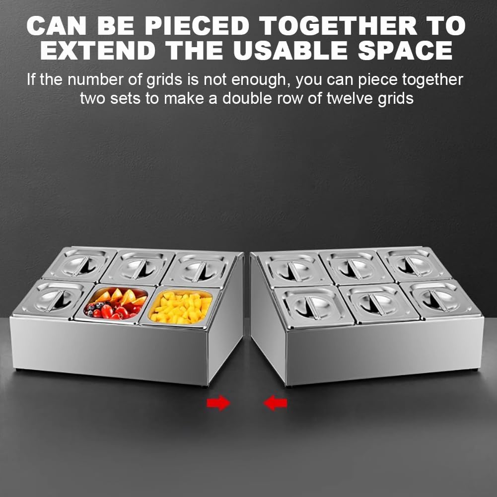 ZAIHW Countertop Spice Display Rack Set, Stainless Steel Condiment Containers with Lids, 3-8 Compartments Salad Bar, Condiment/Pizza Topping Station, Multi-Purpose Food Dispenser,F