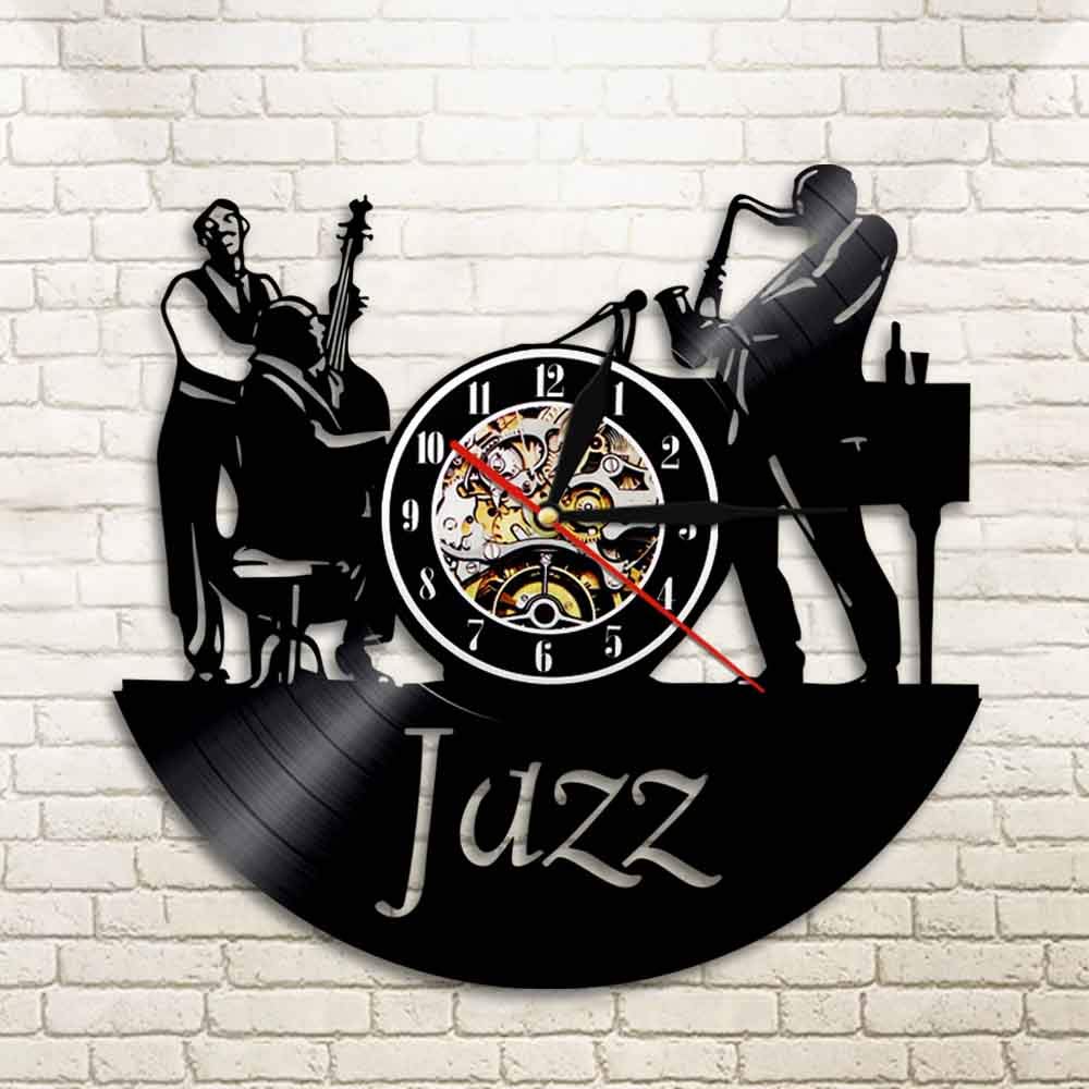 ELD Muzycy zespół jazzowy zegar ścienny mężczyźni grają na wiolonczele saksofon jazzowy instrumenty płyta winylowa zegar ścienny sypialnia salon dekoracja średnica 30 cm 7 kolorów zmienna płyta