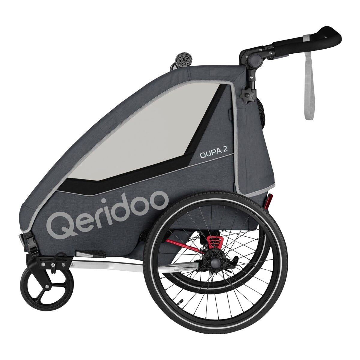 Rimorchi per bicicletta marca QERIDOO. Modello Kinderfahrradanhänger & Buggy QUPA 2 für 2 Kinder mit Kupplung, Blattfeder-Dämpfsystem (bis 60 kg) - Grigio
