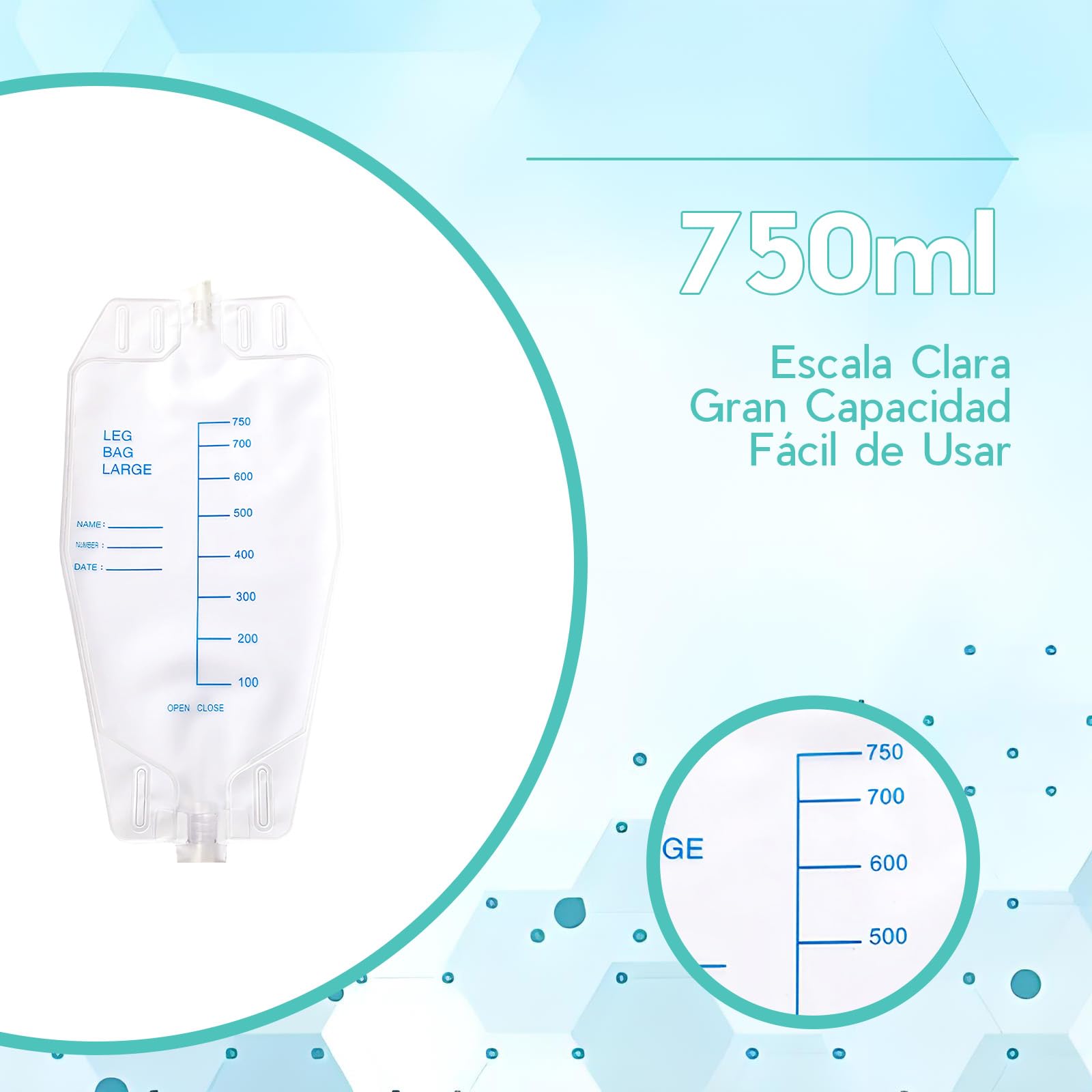 5 Bolsas de Orina de 750 ml para Las Piernas, Bolsa Sonda Vesical Pierna con 2Cintas de Tela, Tubo de 60 cm de Longitud y Válvula Antirreflujo, Bolsa de Urinario Catéter Pierna