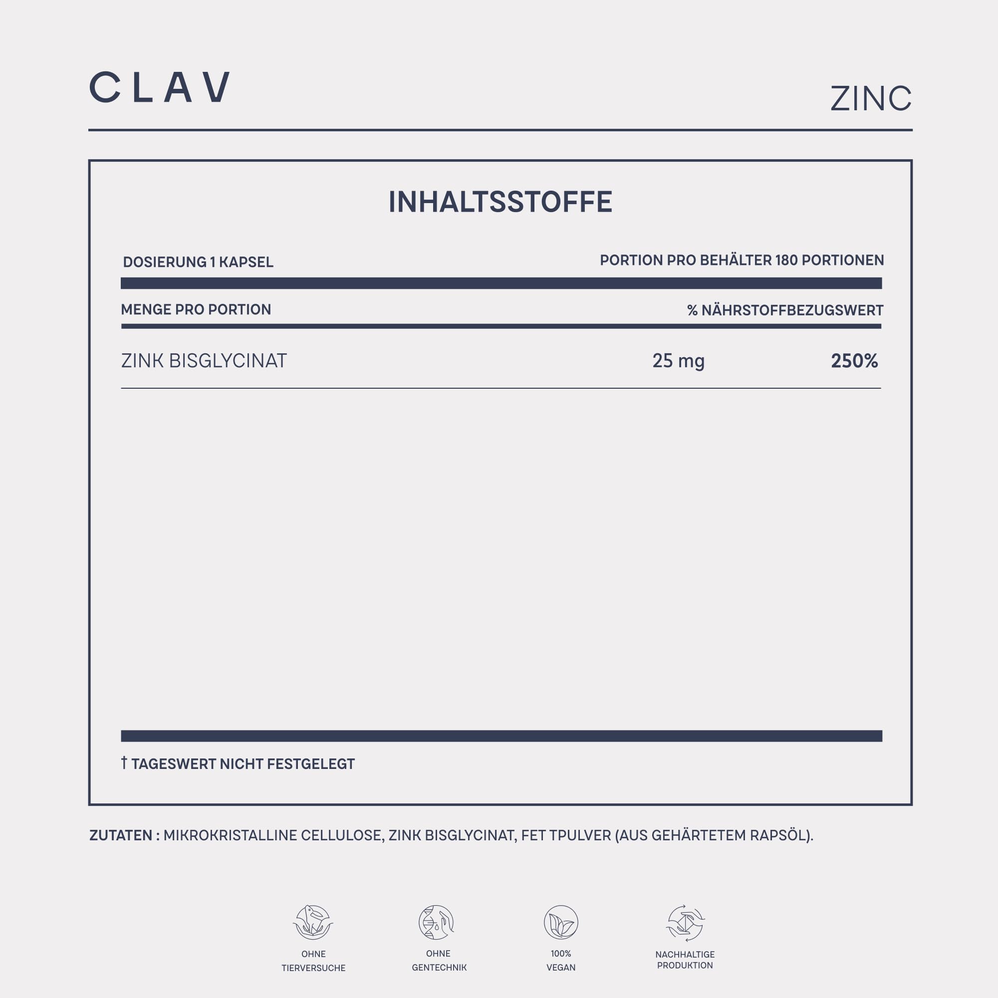 CLAV® Zink 25mg, Premium Bisglycinat hochdosiert, 540 Vegane Tabletten