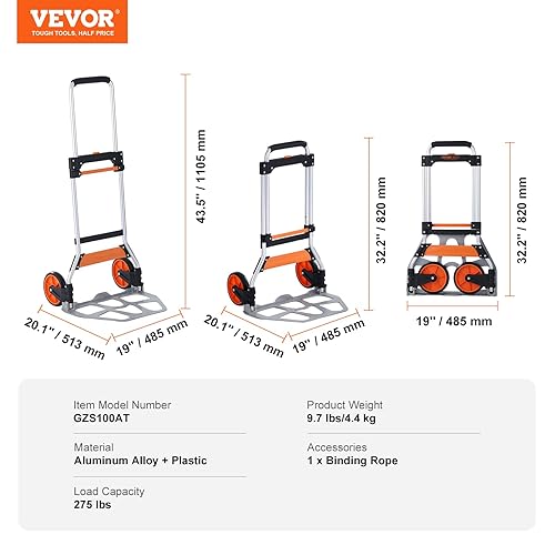 Miniatura 8 de VEVOR Carro de mano plegable y carro, capacidad de 275 libras, carrito plegable de aluminio, carrito de equipaje de alta resistencia con mango