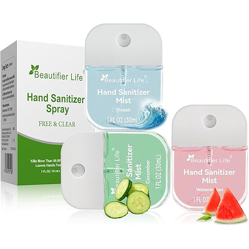 Mini Hand Sanitizer Mist Spray 3 Pack-Travel Size Portable 1 Fl Oz (30ml) 70% Alcohol, Fast-Dry No-Rinse Formula, Assorted Ocean, Watermelon, Cucumber Scents for On-The-Go Cleanliness