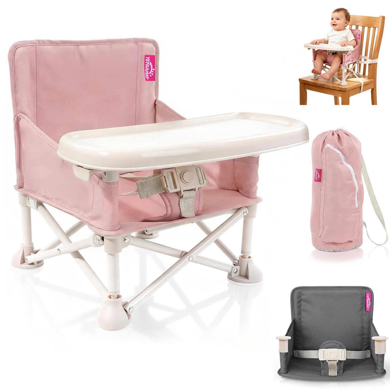 Photo 1 of YEFAJUMP Portable Baby Chair, Baby Beach Chair with 2-Pack Interchangeable Seat Covers, Portable Booster Seat with Tray & Travel Bag, Compact Foldable, Easy-Swap Colors, Perfect for Travel