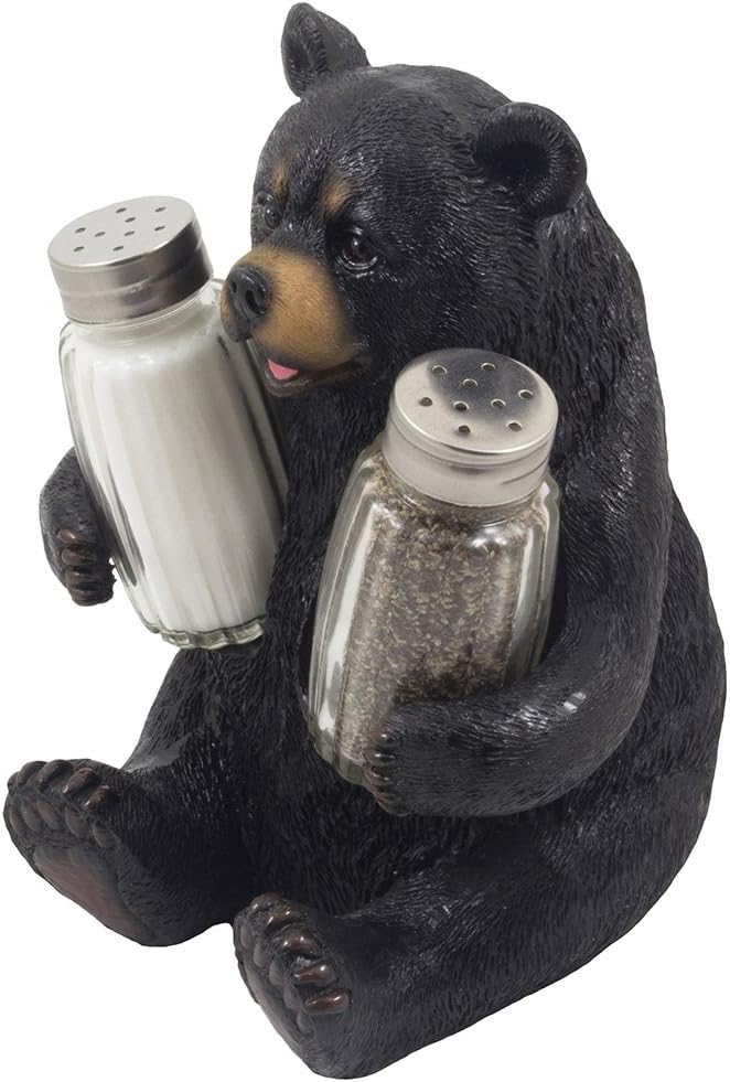 Decorative Black Bear Glass Salt and Pepper Shaker Set with Holder Figurine Sculpture for Rustic Lodge and Cabin Kitchen Table Decor Centerpieces & Spice Rack Decorations or Teddy Bear Gifts