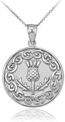 14K White Gold Scottish Thistle Flower Medallion Pendant Necklace