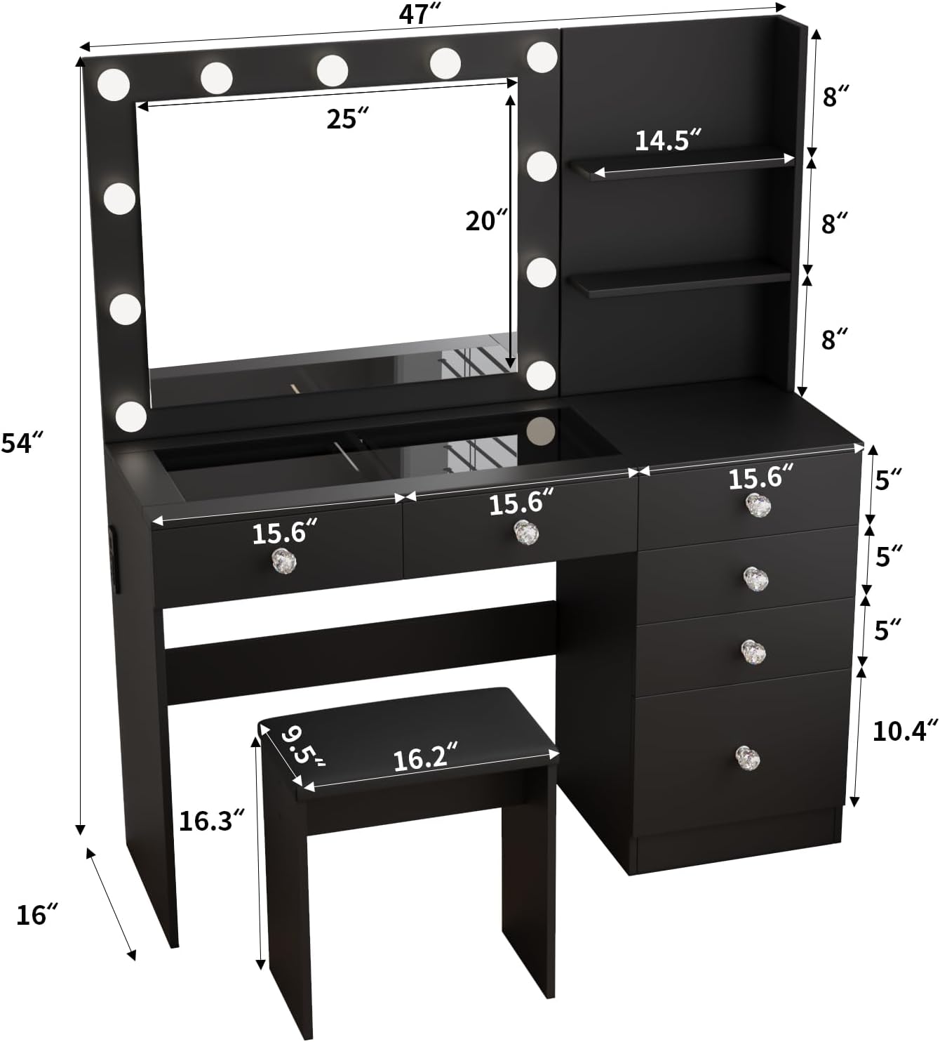 VOWNER 47 inch Vanity Desk with detailed dimensions