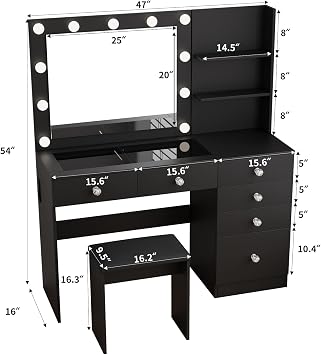 VOWNER 47 Vanity with Glass Top - Makeup Vanity Desk with Outlet, 6 Drawers, 3 Storage Shelves and Mirror, 3 Color Lighting with Dimming Brightness, Makeup Desk with Stool for Bedroom, Black