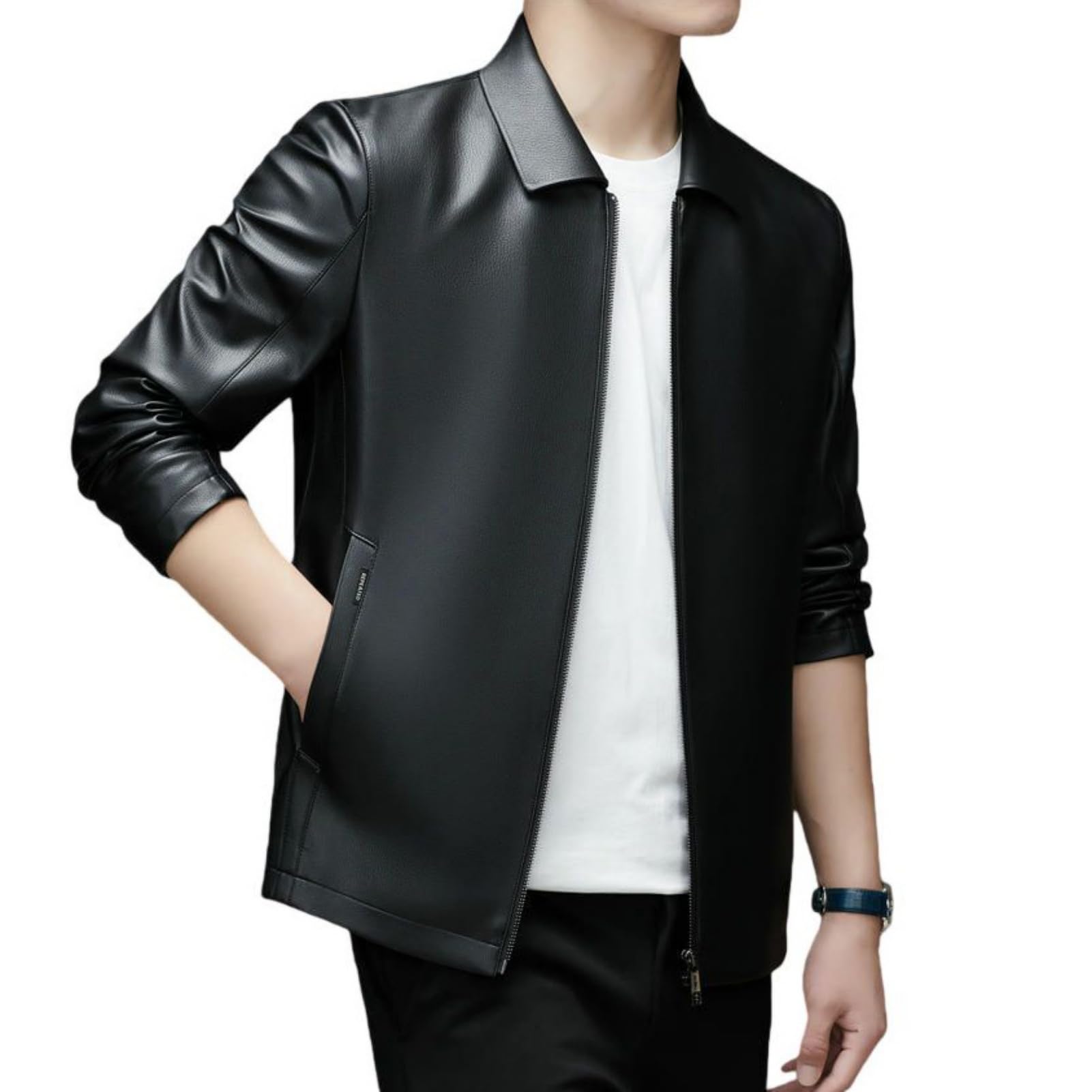 Veste pour homme en cuir synthétique au design col rabattable chic