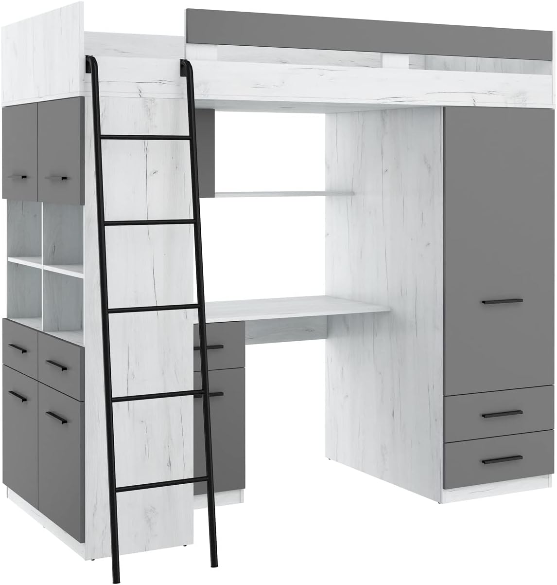 BIM Furniture Lit mezzanine niveau L 200 x 90 cm, lit superposé pour chambre à coucher, lit d&rsquo;enfant, bureau, armoire, ensemble de meubles pour enfants, côté gauche (blanc artisanal/graphite)