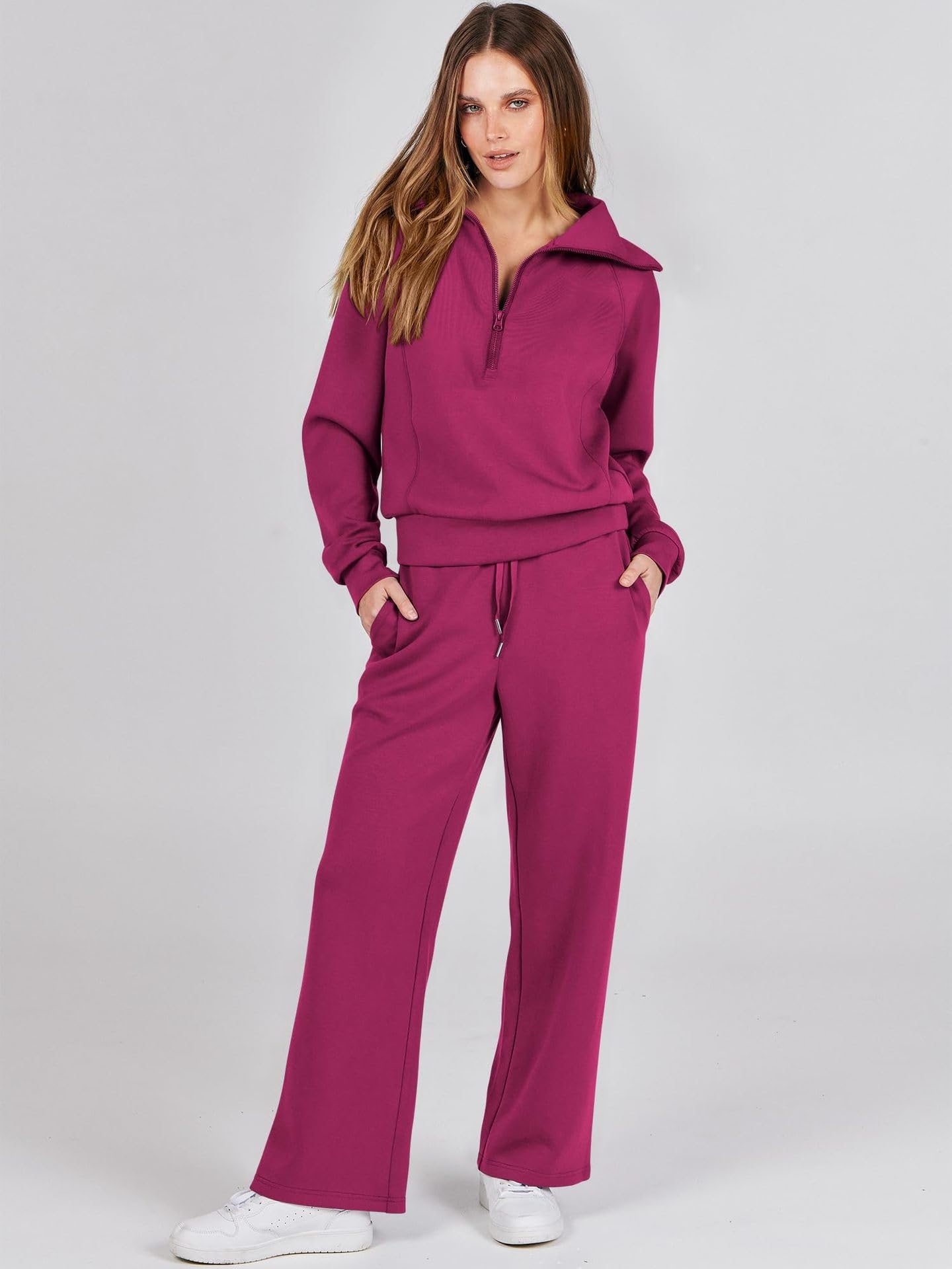 Set casual da donna in due pezzi per yoga, corsa, loungewear a maniche lunghe, felpa con mezza zip, top e pantaloni a gamba larga, abbigliamento da casa a maniche lunghe