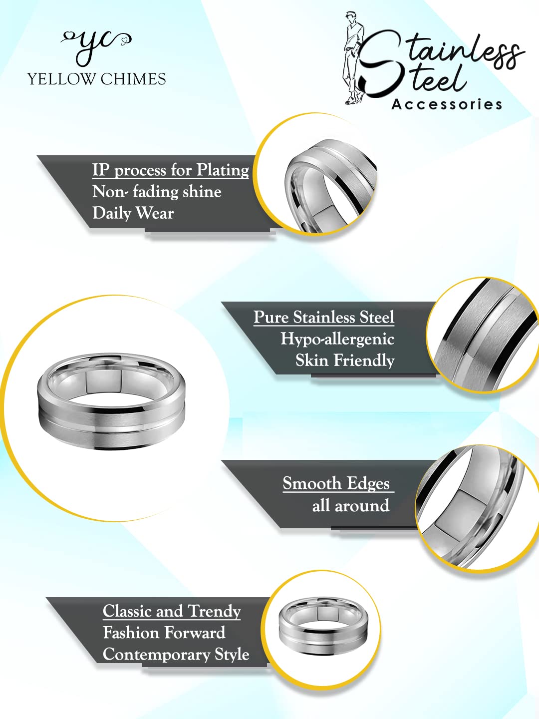 Stainless Steel Silver Toned Grey Finger Ring for Men
