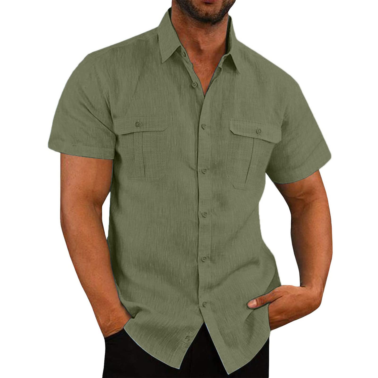 Ausla Camisa con Botones para Hombre Camisa Informal de Manga Corta con Doble Bolsillo de Color Puro Transpirable para Hombre