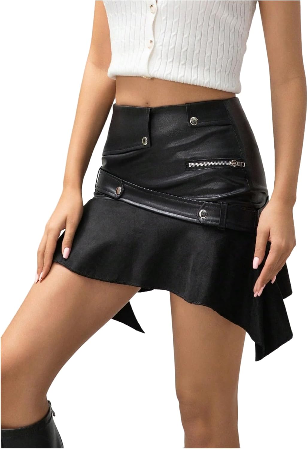 MakeMeChic Women's Summer PU Leather Mini Skirt Ruffle Hem Street Party Asymmetrical Short Skirts