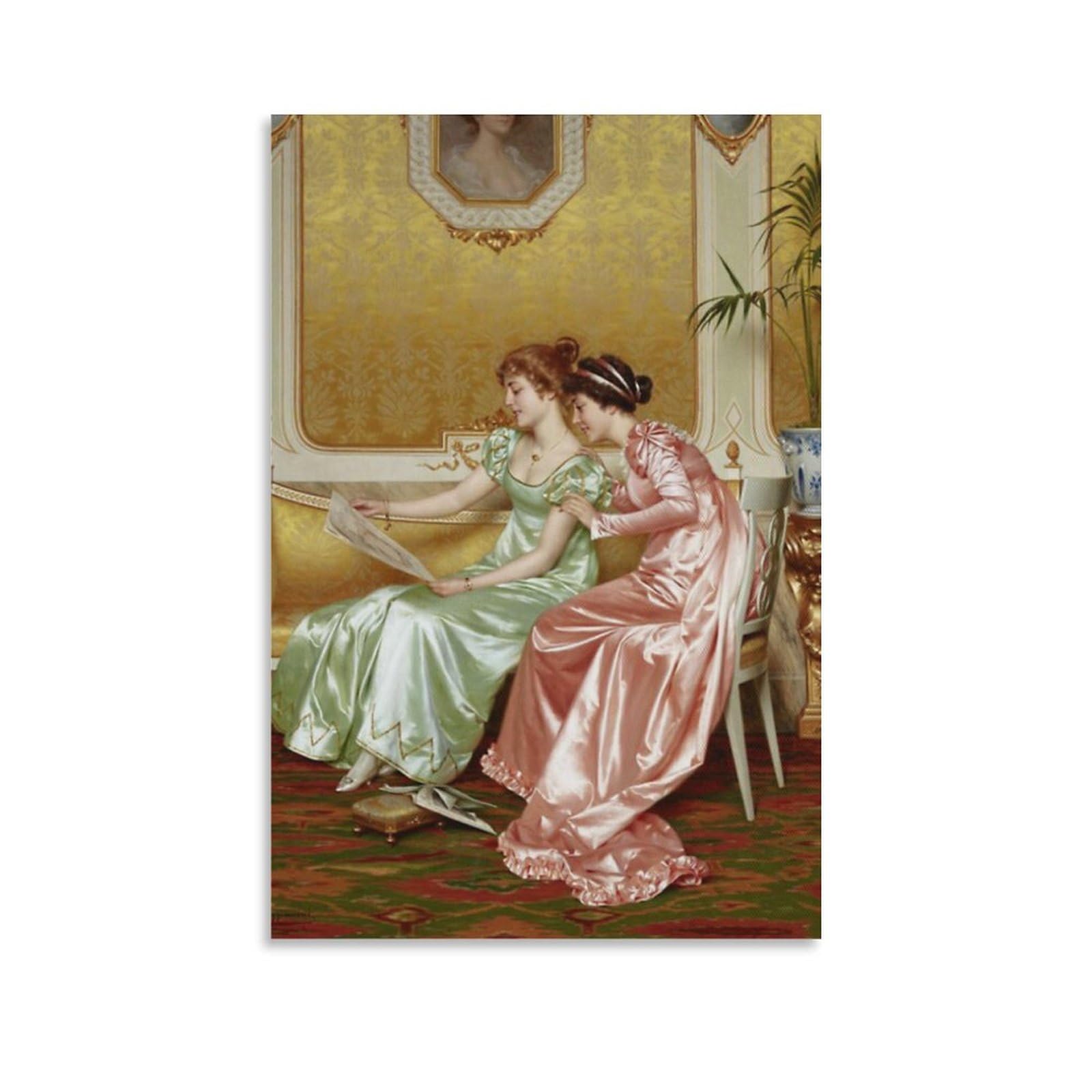 Vittorio Reggianini - Dos elegantes damas jóvenes en un interior examinando una revista, póster de lienzo, póster de pared, impresión artística para el hogar, decoración moderna, 60 x 90 cm