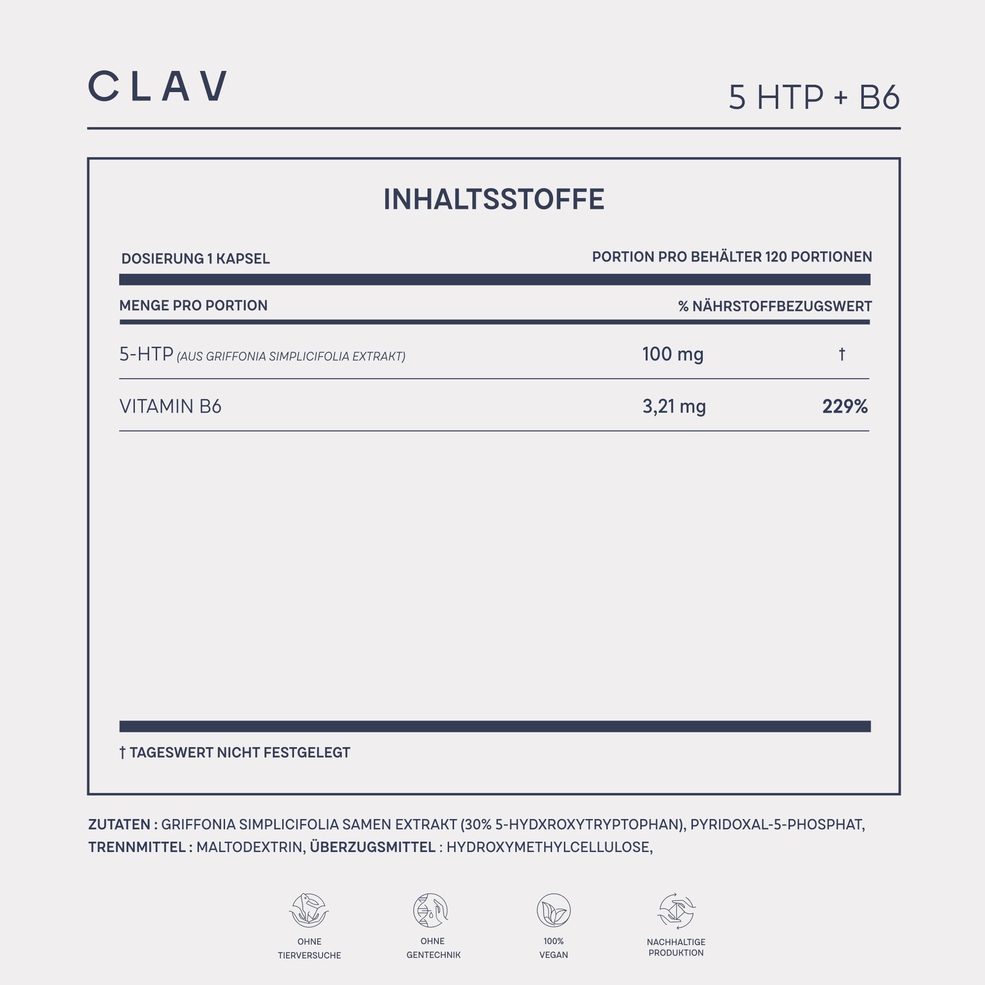 CLAV® 5-HTP Kapseln hochdosiert – 240 Kapseln – plus Vitamin B6 – für Nerven und Psyche – 100 mg aus Griffonia Simplicifolia Samenextrakt – natürlich pflanzlich & vegan