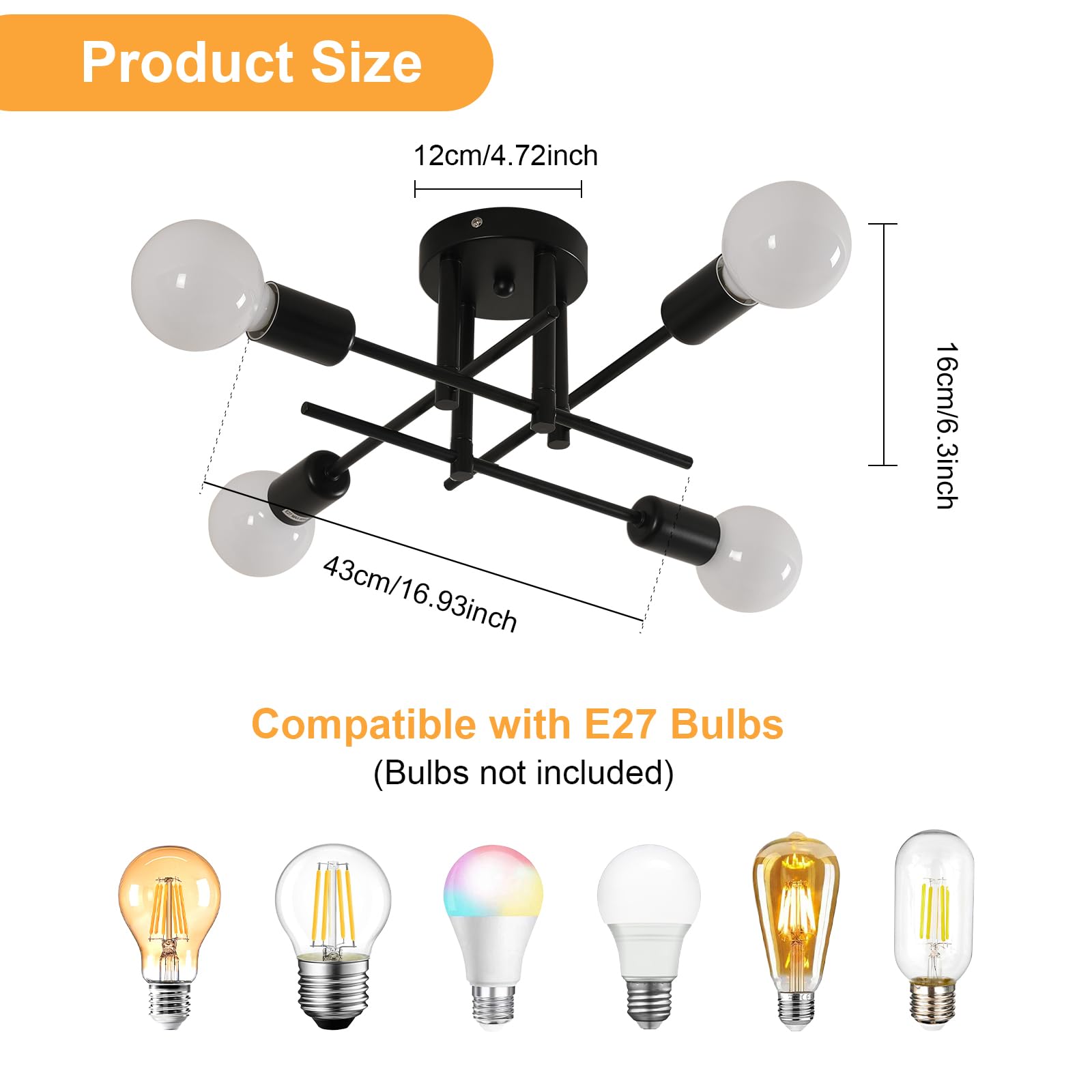 Riserva Lampadario Industrial Nero, E27 Plafoniera Soffitto Moderna Design, 4-Luci Lampada da Soffitto in Ferro per Camera da Letto, Soggiorno, Sala da Pranzo, Balcone,(Bulbi non inclusi)