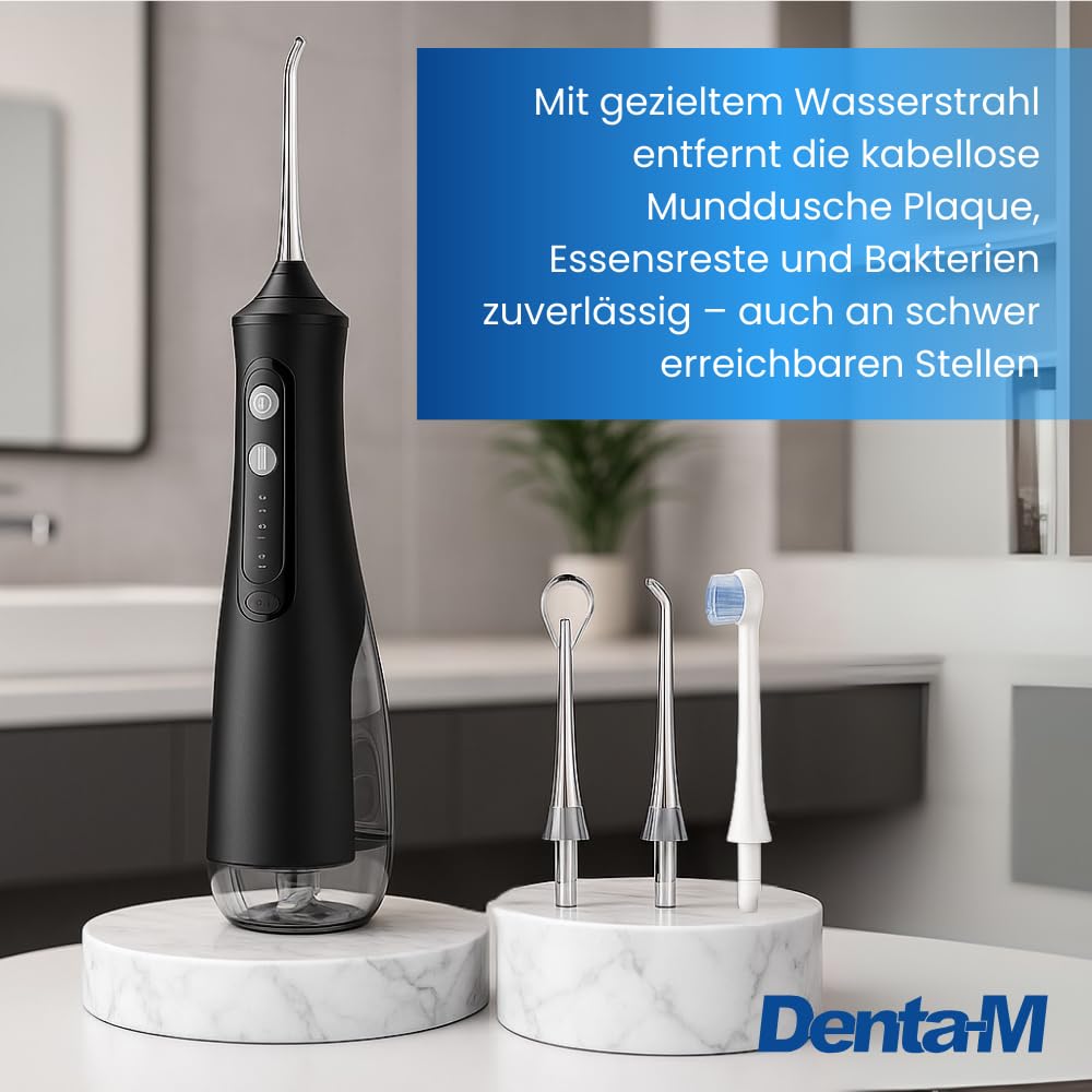 Irrigador dental DM14 – Irrigador de agua inalámbrico con 4 modos y 4 accesorios, irrigador dental para limpieza dental, IPX7 resistente al agua, 310 ml de volumen del depósito (Edition Black)