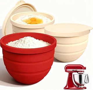 Silicone Bowl Insert for Kitchen Aid 5 Qt Tilt-Head - Patented Design Bowl Liner, 3pack with Lids, Resistant to collapse Thicker Bowl Insert, Foldable, Heat/Cold Resistant (Beige/Beige/Pink/)