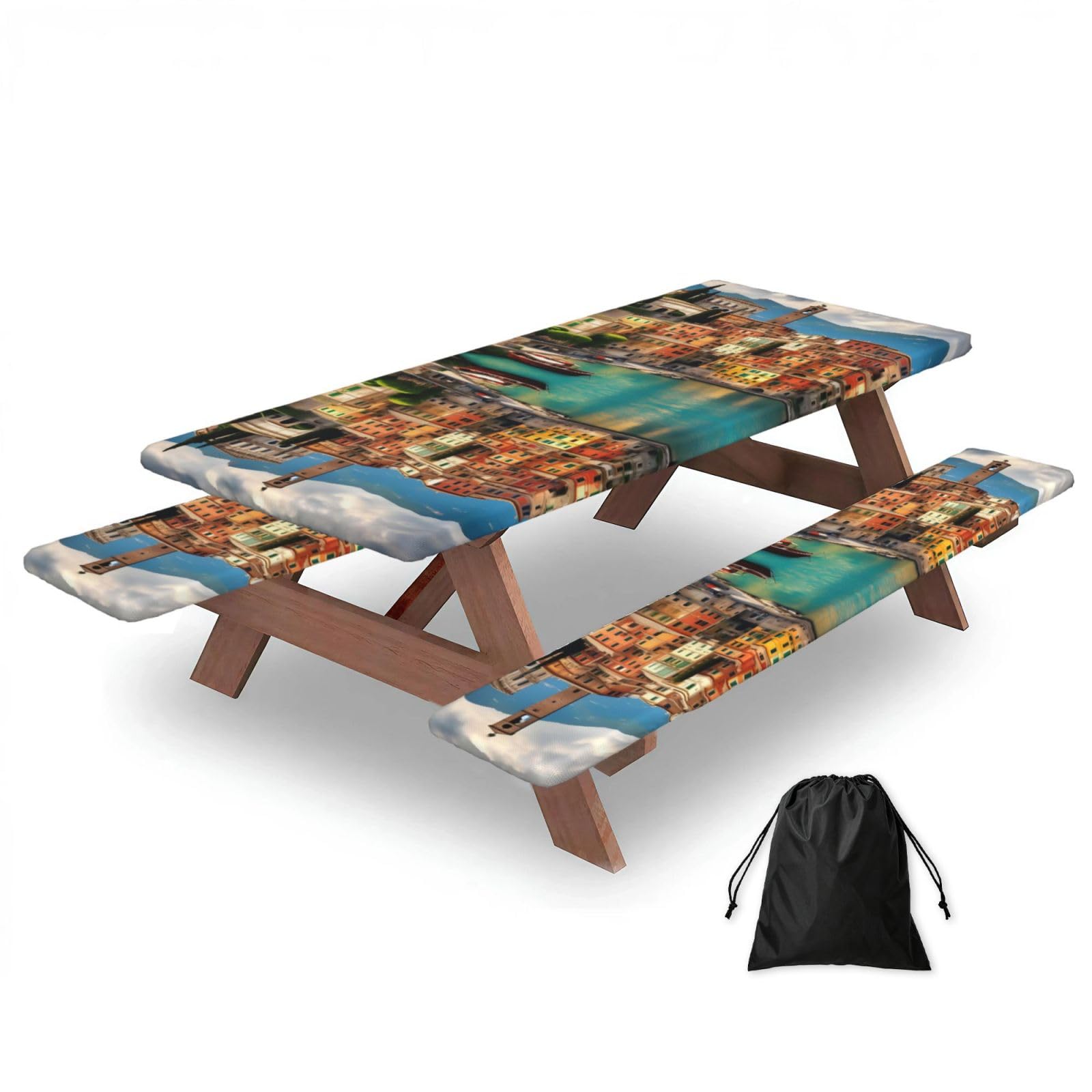 Zyjhyy Black Beautiful Italy Print Party Table Covers With Bench Covers Set Of 3 Picnic Table Cloth Wipe Clean For Garden Camping