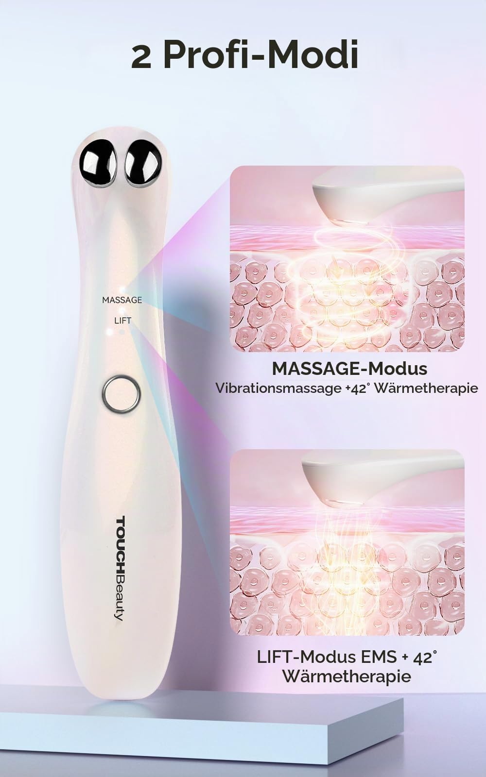 TOUCHBeauty Augenmassagegerät EMS,Antifalten Augenmassage mit Beheizte und Vibration,Anti Aging Massagegerät Wiederaufladbar 2 Massagemodus für Tränensäcke, Dunkle Kreise, Schwellungen AG-1883（Weiß）