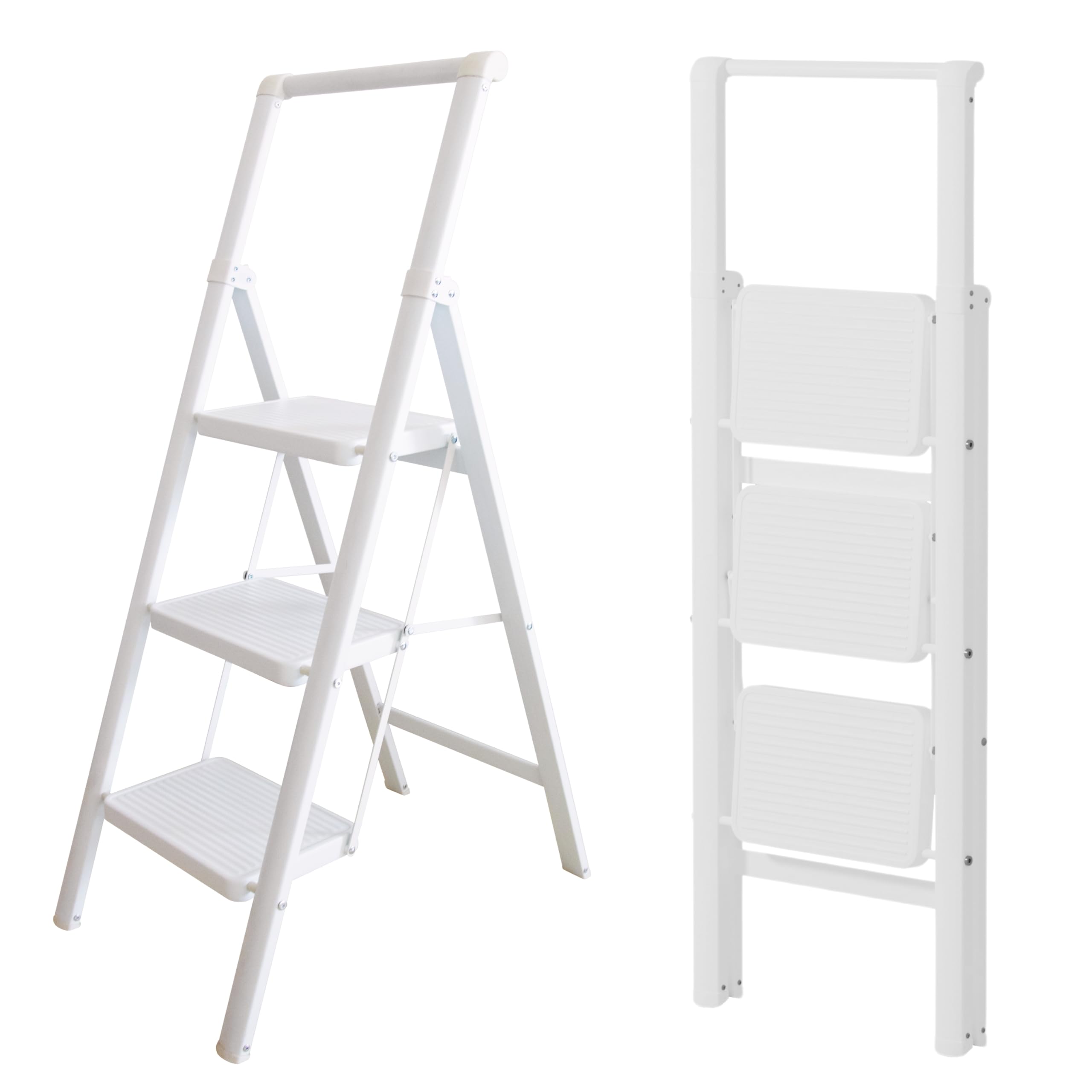 Escalera Plegable 3 peldaños Blanca, Liviana y Estable, peldaños Anchos Antideslizantes, EN 131 150 kg