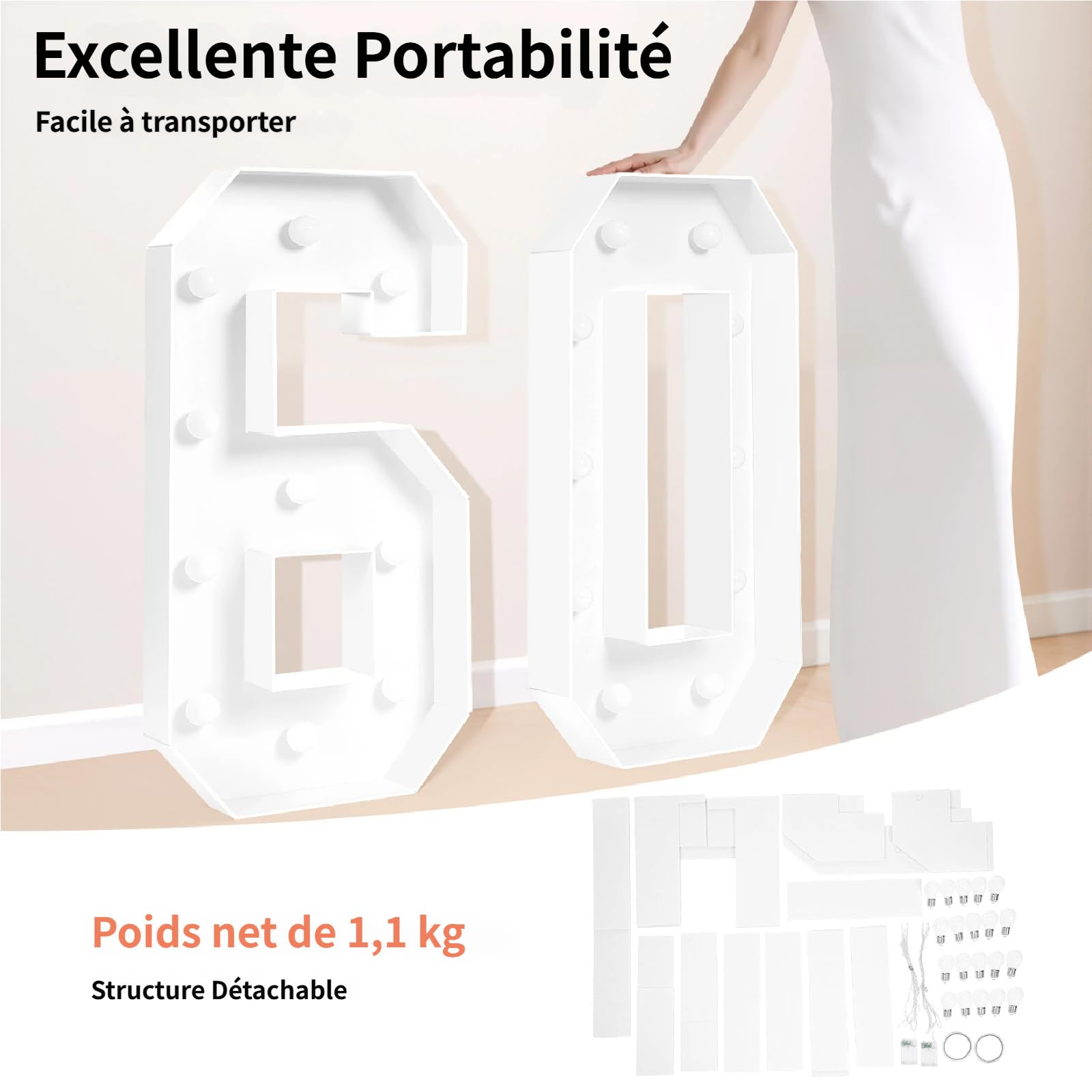 Numeri luminosi LED 2000-3000 K in altezza 100 cm, decorazione di compleanno 60, giganti numeri luminosi per compleanni, matrimoni, feste