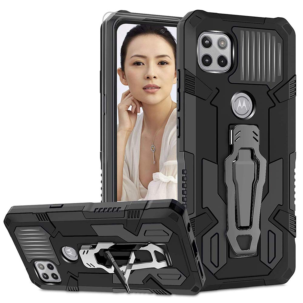 for Motorola One 5G Ace Case with Tempered Glass Screen Protector [2 Pack] Military Grade Hard Plastic Hybrid Rugged Heavy Duty Anti-Fall Bumper Cover