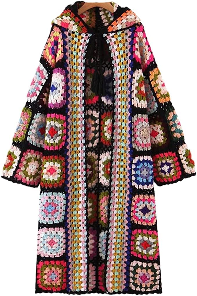 Women Hand Made Crochet Hooded Long Sweater Coat Women Cardigan Vintage Long Sleeve Female Outerwear Chic Tops